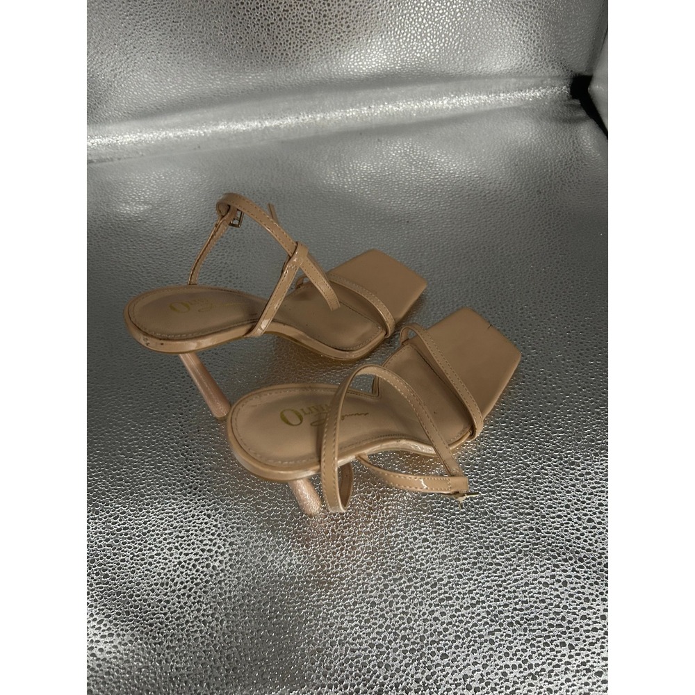 Olivia Miller Nude Beige Patent Strappy Square Toe Stiletto Heel Sandals Womens